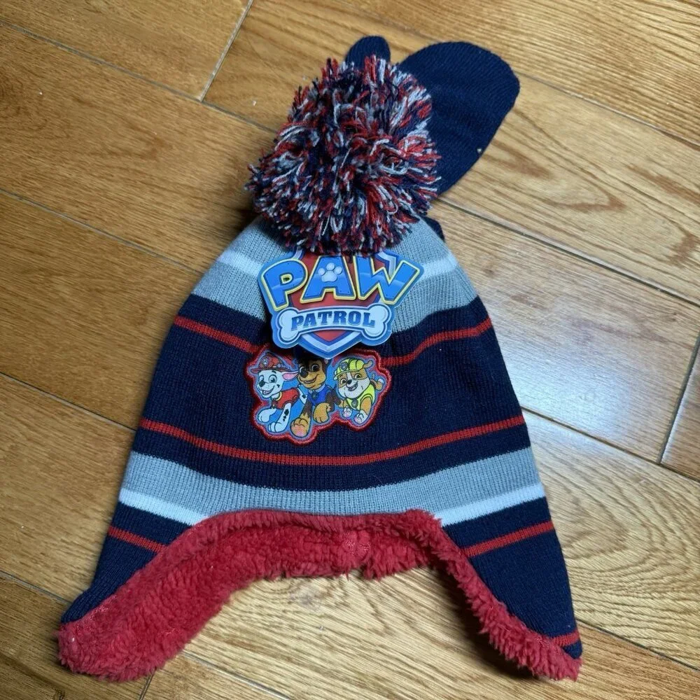 NWT Paw Patrol Pom Beanie & Mittens Set Navy Red Kids One Size